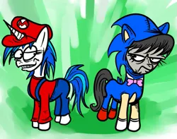 Size: 635x500 | Tagged: artist:frustratedoctavia, clothes, cosplay, costume, crossover, dead source, derpibooru import, mario, octavia is not amused, octavia melody, safe, sonic the hedgehog, sonic the hedgehog (series), super mario bros., unamused, vinyl scratch