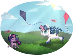 Size: 1500x1117 | Tagged: safe, artist:kittehkatbar, derpibooru import, shining armor, twilight sparkle, pony, unicorn, filly, foal, kite, kite flying, magic, out of frame, partial background, simple background, transparent background