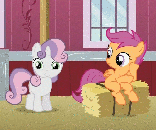 Size: 500x419 | Tagged: safe, derpibooru import, edit, edited screencap, screencap, scootaloo, sweetie belle, pegasus, pony, unicorn, hearts and hooves day (episode), adoracreepy, animated, barn, creepy, cropped, cute, diasweetes, duo, female, filly, hay bale, hearts and hooves day, looking at you, sweet apple acres, tenso, zoom