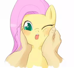 Size: 1000x909 | Tagged: dead source, safe, derpibooru import, fluttershy, human, pegasus, pony, :o, blushing, cheeks, colored pupils, cute, female, looking at you, mare, one eye closed, open mouth, pixiv, pov, rubbing, shyabetes, simple background, solo focus, squishy cheeks, sweat, sweatdrop, tongue out, white background, wink