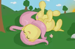 Size: 1129x745 | Tagged: safe, artist:fribox, derpibooru import, fluttershy, pegasus, pony, eyes closed, female, folded wings, grass, horses doing horse things, mare, on back, open mouth, outdoors, rolling, smiling, solo, wings