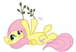 Size: 1999x1367 | Tagged: safe, artist:fribox, derpibooru import, fluttershy, pegasus, pony, female, fluttertree, hooves in air, leaves, looking at you, on back, simple background, solo, talking to viewer, tree branch, white background
