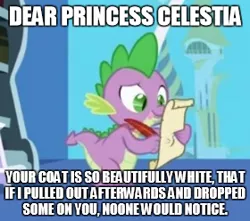 Size: 280x248 | Tagged: suggestive, derpibooru import, edit, edited screencap, screencap, princess celestia, spike, dragon, friendship is magic, caption, image macro, letter, male, quill, spike's love letters, thumbnail, tongue out