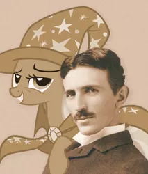 Size: 576x677 | Tagged: safe, derpibooru import, trixie, human, pony, unicorn, female, irl, irl human, mare, nikola tesla, photo, sepia