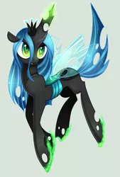 Size: 947x1400 | Tagged: artist:tamufisi, changeling, changeling queen, crown, derpibooru import, female, glowing horn, gray background, horn, jewelry, queen chrysalis, regalia, safe, simple background, solo
