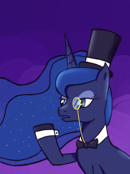 Size: 600x800 | Tagged: artist:xflicker, cufflinks, cuffs (clothes), derpibooru import, hat, like a madame, monocle, princess luna, quite, safe, solo, top hat