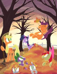 Size: 1148x1485 | Tagged: safe, artist:aliasforrent, derpibooru import, apple bloom, applejack, derpy hooves, scootaloo, spike, sweetie belle, twilight sparkle, pegasus, pony, autumn, cute, cutie mark crusaders, female, leaf pile, leaves, mare