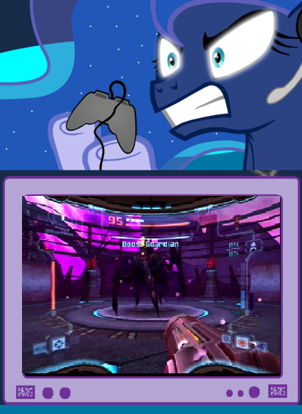 Size: 438x600 | Tagged: safe, derpibooru import, princess luna, pony, gamer luna, boost guardian, exploitable meme, gamer meme, meme, metroid, obligatory pony, that one boss, tv meme