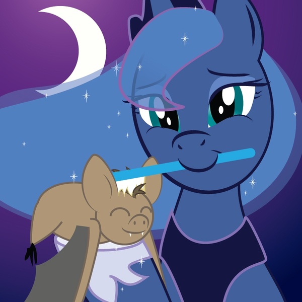 Size: 800x800 | Tagged: safe, artist:pariahpoet, derpibooru import, princess luna, bat, brush, brushie, cute, eyes closed, fangs, hoof hold, moon, mouth hold, night, pet, smiling, toothbrush