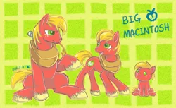 Size: 1250x767 | Tagged: safe, artist:bunina, derpibooru import, big macintosh, earth pony, pony, abstract background, age progression, colt, colt big macintosh, diaper, foal, male, solo, stallion, teenage big macintosh, teenager, younger