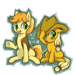 Size: 1000x1000 | Tagged: applejack, artist:bunina, blushing, braeburn, chinese text, colt, cousins, derpibooru import, duo, filly, safe, younger