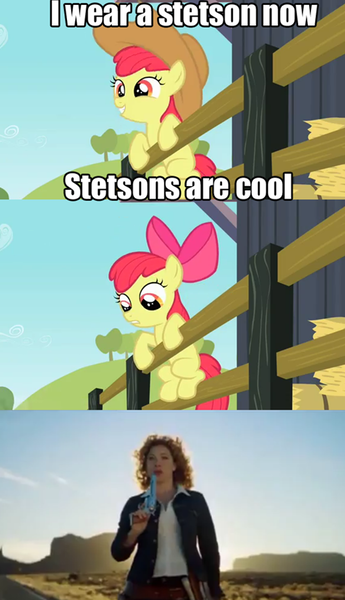 Size: 500x870 | Tagged: apple bloom, comic, cowboy hat, crossover, derpibooru import, doctor who, hat, river song, safe, stetson, unwarranted violence against hats