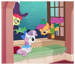 Size: 1155x995 | Tagged: apple bloom, artist:catwhitney, bow, captain hook, clothes, costume, crossover, cutie mark crusaders, derpibooru import, gummy, hat, pet, peter pan, safe, scootaloo, sweetie belle, wendy darling