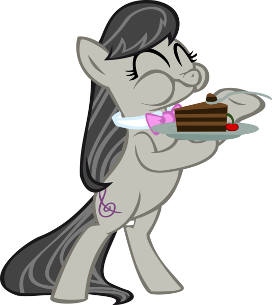 Size: 5412x6082 | Tagged: safe, artist:grinning-alex, derpibooru import, octavia melody, earth pony, pony, absurd resolution, bipedal, bowtie, cake, cherry, cutie mark, eating, eyes closed, female, happy, hooves, mare, plate, simple background, solo, spoon, transparent background, vector