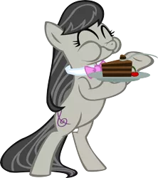 Size: 5412x6082 | Tagged: safe, artist:grinning-alex, derpibooru import, octavia melody, earth pony, pony, absurd resolution, bipedal, bowtie, cake, cherry, cutie mark, eating, eyes closed, female, happy, hooves, mare, plate, simple background, solo, spoon, transparent background, vector