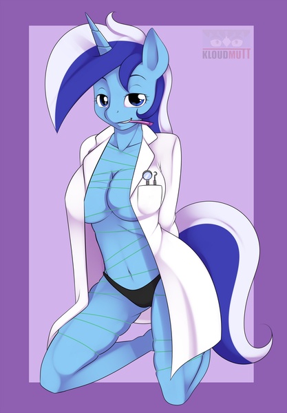 Size: 1275x1836 | Tagged: questionable, artist:kloudmutt, derpibooru import, minuette, anthro, bedroom eyes, black underwear, bondage, breasts, busty minuette, clothes, dental floss, explicit comments, female, floss, image, jpeg, panties, solo, solo female, underwear