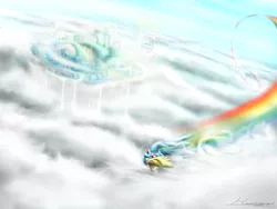 Size: 800x600 | Tagged: safe, artist:huussii, derpibooru import, rainbow dash, pegasus, pony, cloud, cloudiseum, cloudsdale, cloudy, female, fireworks, mare, rainbow, rainbow trail, signature, sky, solo, stadium