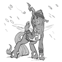 Size: 900x900 | Tagged: dead source, safe, artist:kevinsano, derpibooru import, queen chrysalis, changeling, changeling queen, clothes, female, grayscale, monochrome, scarf, snow, snowfall, solo, winter