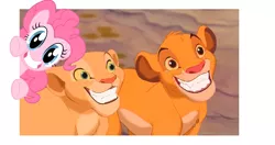 Size: 963x507 | Tagged: crossover, derpibooru import, nala, pinkie pie, rapeface, safe, simba, smiling, the lion king