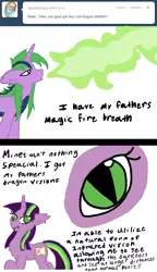 Size: 642x1118 | Tagged: artist:cmac2311, artist:cmacx, ask, comic, derpibooru import, dracony, fire, hybrid, interspecies offspring, oc, oc:blaze, oc:twila, offspring, parent:spike, parents:twispike, parent:twilight sparkle, safe, tumblr, unofficial characters only