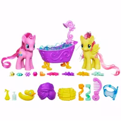 Size: 600x600 | Tagged: safe, derpibooru import, official, fluttershy, pinkie pie, pony, bath, brushable, bubble, comb, irl, photo, shower, toy