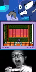 Size: 436x861 | Tagged: safe, derpibooru import, princess luna, pony, gamer luna, controller, exploitable meme, gamer meme, megaman, meme, obligatory pony, television, tv meme, video game