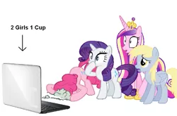 Size: 863x571 | Tagged: safe, derpibooru import, derpy hooves, pinkie pie, princess cadance, rarity, pegasus, pony, 2 girls 1 cup, computer, female, internet, laptop computer, mare, shocked