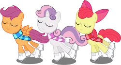 Size: 7583x4062 | Tagged: safe, artist:abion47, derpibooru import, apple bloom, scootaloo, sweetie belle, pony, absurd resolution, clothes, cutie mark crusaders, eyes closed, female, filly, ice skates, scarf, simple background, transparent background, vector