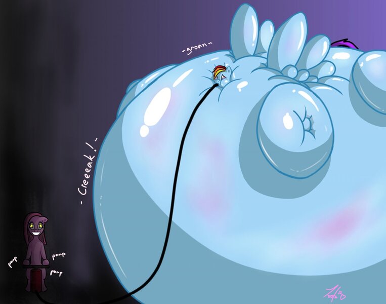 Size: 1280x1006 | Tagged: air pump, artist:toes, balloon, derpibooru import, evil grin, hose, impossibly large belly, impossibly large everything, inflated wings, inflation, pinkamena diane pie, pinkie pie, questionable, rainblimp dash, rainbow dash