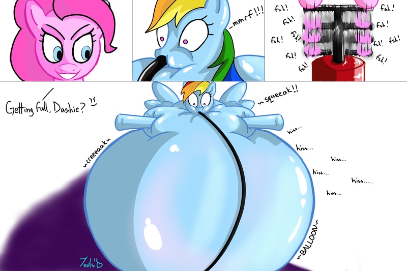 Size: 2400x1600 | Tagged: air pump, artist:toes, balloon, derpibooru import, evil grin, hose, impossibly large belly, inflation, pinkie pie, questionable, rainbow dash