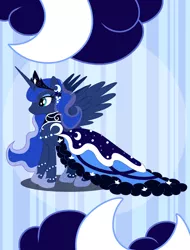 Size: 1500x1971 | Tagged: safe, artist:shilokh, derpibooru import, princess luna, alicorn, pony, clothes, crescent moon, dress, female, mare, solo, spread wings, wings