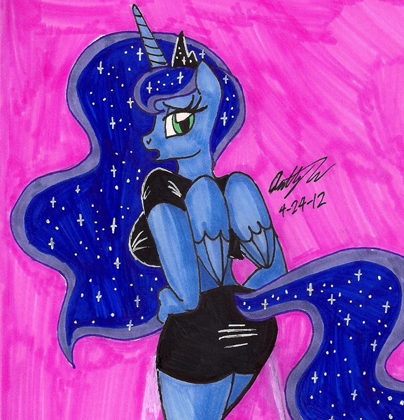 Size: 1028x1069 | Tagged: anthro, artist:newyorkx3, ass, breasts, busty princess luna, clothes, derpibooru import, female, midriff, moonbutt, princess luna, short skirt, skirt, solo, solo female, suggestive, tight, traditional art