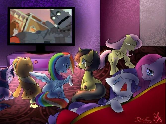 Size: 668x503 | Tagged: safe, derpibooru import, applejack, fluttershy, pinkie pie, rainbow dash, rarity, twilight sparkle, oc, oc:pauly sentry, earth pony, pegasus, pony, unicorn, crying, exploitable meme, mane six, meme, sad movie meme, the iron giant