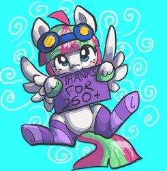 Size: 454x463 | Tagged: safe, artist:indiefoxtail, derpibooru import, blossomforth, pegasus, pony, ask blossomforth, :3, blue background, clothes, cute, freckles, goggles, simple background, socks, solo, striped socks, thanks, tumblr