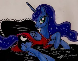 Size: 1040x820 | Tagged: suggestive, artist:newyorkx3, derpibooru import, princess luna, alicorn, pony, bed, bedroom eyes, clothes, female, lingerie, looking at you, moonbutt, nightgown, plot, side, smiling, solo, solo female, traditional art