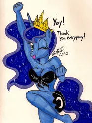 Size: 1248x1668 | Tagged: anthro, armpits, artist:newyorkx3, best anthro pony princess contest, bikini, breasts, busty princess luna, clothes, crown, derpibooru import, dialogue, female, front knot midriff, midriff, plantigrade anthro, princess luna, solo, solo female, suggestive, swimsuit, traditional art, wink