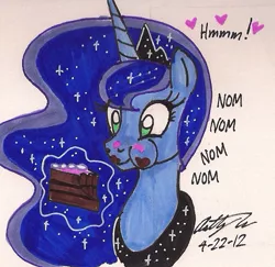 Size: 728x707 | Tagged: artist:newyorkx3, bust, cake, cute, derpibooru import, dialogue, eating, heart, hungry, nom, princess luna, puffy cheeks, safe, solo, traditional art