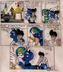 Size: 1593x1818 | Tagged: safe, artist:newyorkx3, derpibooru import, princess celestia, princess luna, oc, oc:tommy, human, pony, blushing, canterlot, car, comic, drunk, drunk lesbian, drunk luna, female, incest, kissing, lesbian, non-mlp oc, princest, self insert, shipping, traditional art