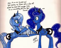 Size: 1592x1273 | Tagged: artist:newyorkx3, derpibooru import, dialogue, hoofshake, princess luna, s1 luna, safe, self ponidox, the fun has been doubled, traditional art