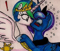 Size: 952x811 | Tagged: safe, artist:newyorkx3, derpibooru import, princess celestia, princess luna, alicorn, pony, blushing, drunk, drunk lesbian, drunk luna, exclamation point, eyes closed, female, incest, kissing, lesbian, mare, princest, shipping, spread wings, surprised, traditional art, wings