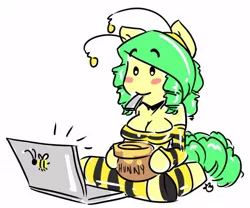 Size: 530x440 | Tagged: ambiguous facial structure, anthro, artist:duckdraw, ask, computer, derpibooru import, honey, laptop computer, oc, oc:buzzy bee, safe, unofficial characters only