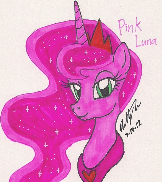 Size: 816x918 | Tagged: artist:newyorkx3, bust, derpibooru import, looking at you, pink, pinkluna, princess luna, safe, solo, traditional art