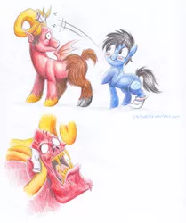 Size: 835x1000 | Tagged: artist:stepandy, blushing, clothes, derpibooru import, fangs, :i, leo and satan, open mouth, ponified, puffy cheeks, raised hoof, safe, smiling, socks, throwing, traditional art, wide eyes
