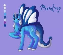 Size: 770x674 | Tagged: artist:rikakitty, butterfly pony, butterfly wings, dead source, derpibooru import, horn, oc, original species, purple background, raised hoof, reference sheet, safe, simple background, solo, unofficial characters only