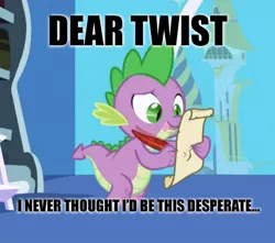Size: 436x386 | Tagged: safe, derpibooru import, edit, edited screencap, screencap, spike, twist, dragon, friendship is magic, caption, image macro, letter, male, meme, quill, spike's love letters, spiketwist, tongue out