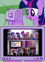 Size: 1012x1390 | Tagged: safe, derpibooru import, applejack, fluttershy, pinkie pie, rainbow dash, rarity, spike, twilight sparkle, oc, oc:pauly sentry, pony, background pony, cinema meme, exploitable meme, mane six, meme, memeception, sad movie meme, tv meme