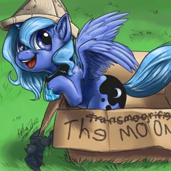 Size: 1200x1200 | Tagged: safe, artist:aphexangel, derpibooru import, princess luna, alicorn, bat, pony, aphexangel will make angels out of us, box, calvin and hobbes, cardboard box, cartographer's cap, cute, diabetes, filly, hat, hnnng, leaning, looking at you, looking up, lunabetes, open mouth, pony in a box, smiling, solo, spread wings, transmogrifier, weapons-grade cute, woona, younger