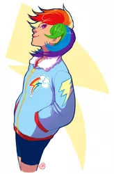 Size: 494x752 | Tagged: artist:myotishi, bomber jacket, clothes, derpibooru import, humanized, jacket, patch, rainbow dash, safe, solo