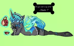 Size: 1600x1000 | Tagged: dead source, suggestive, artist:rainbowscreen, derpibooru import, changeling queen oc, oc, oc:jewel, unofficial characters only, changeling, changeling queen, semi-anthro, blue changeling, changeling oc, clothes, cuffs (clothes), cup, dialogue, female, frilly underwear, glowing horn, green background, green tongue, hooves, levitation, looking at you, lying, magic, maid, maid headdress, panties, prone, simple background, solo, solo female, stockings, submissive, sultry pose, teacup, telekinesis, thigh highs, tongue out, topless, underwear