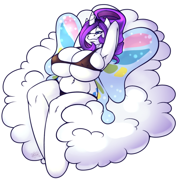 Size: 1500x1492 | Tagged: anthro, armpits, artist:sheela, belly button, big breasts, bikini, breasts, busty rarity, butterfly wings, clothes, cloud, derpibooru import, female, glimmer wings, huge breasts, on back, questionable, rarity, solo, solo female, swimsuit, unguligrade anthro